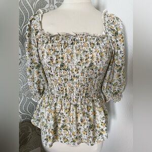 Max Studio Cream and Green Puff Sleeve Blouse